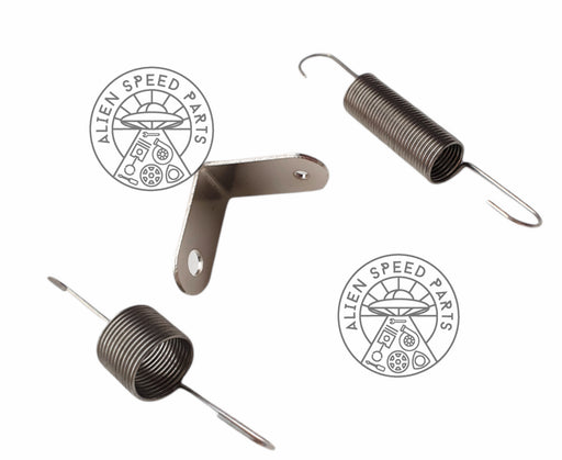 The image shows a chrome L bracket and two throttle return springs. One spring is coiled and the other is shown in a bent position with a silver metal end.