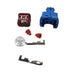 A set of electrical connector components on a white background, including a blue connector housing, a brown connector housing, two red rubber seals, two metal terminal clips, and a circular brand sticker that reads 'ALIEN SPEED TRAINS'.