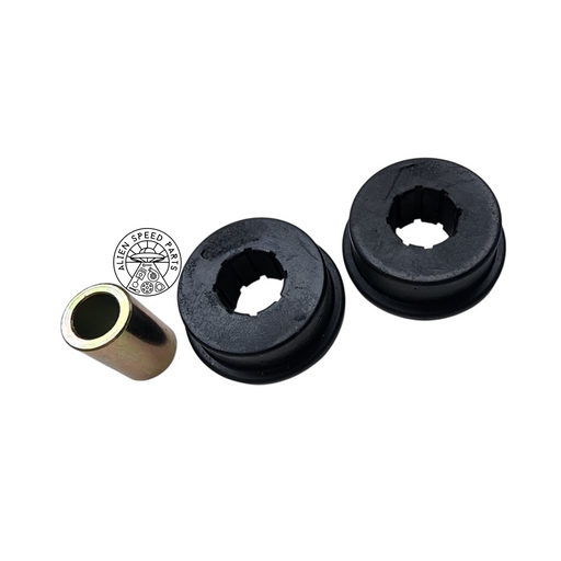 Three black rubber bushings with a metal sleeve on a white background, featuring a logo in the corner.