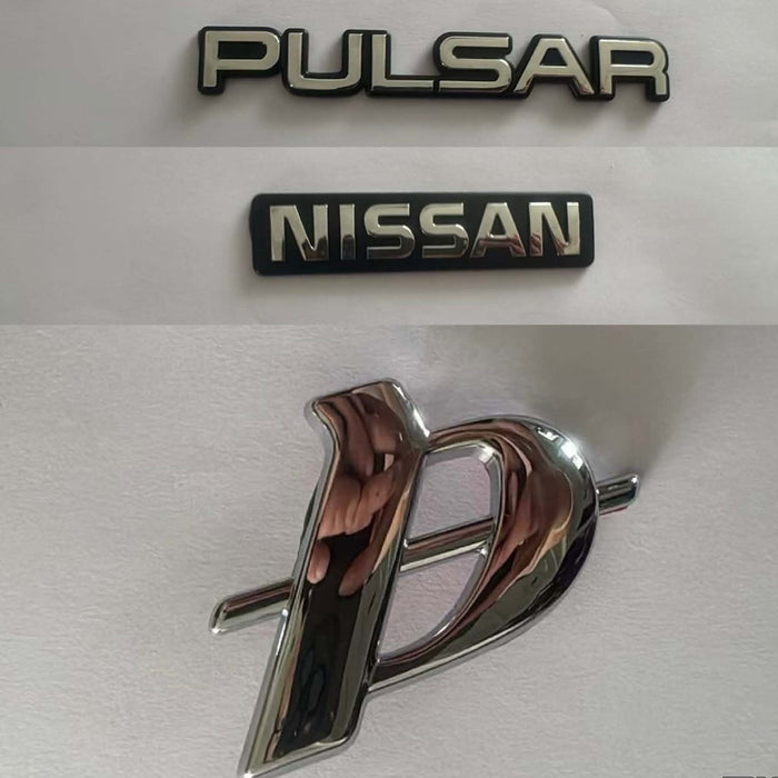 Chrome 'Pulsar' and 'Nissan' car brand emblems with P Replacement Badges