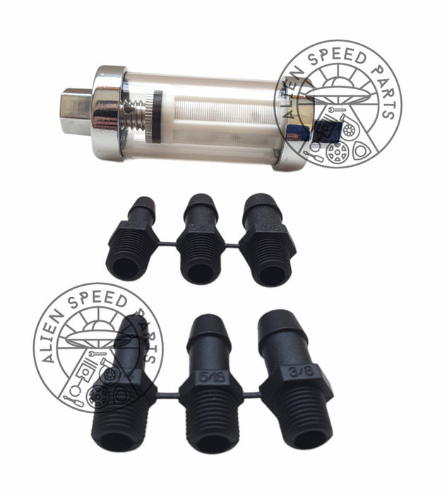 Universal Glass Inline Fuel Filter with Multiple Fittings. Low Pressure